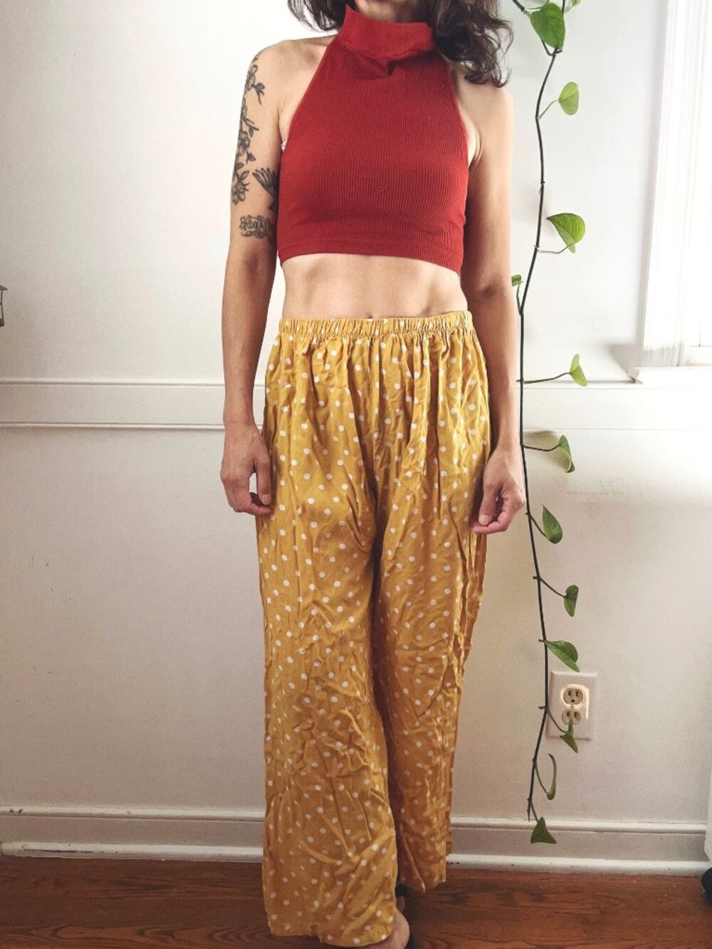 Polka Dot Mustard Yellow Wide-Leg Elastic Waist Pants Lightweight XS S Flowy Boh - Picture 2 of 8